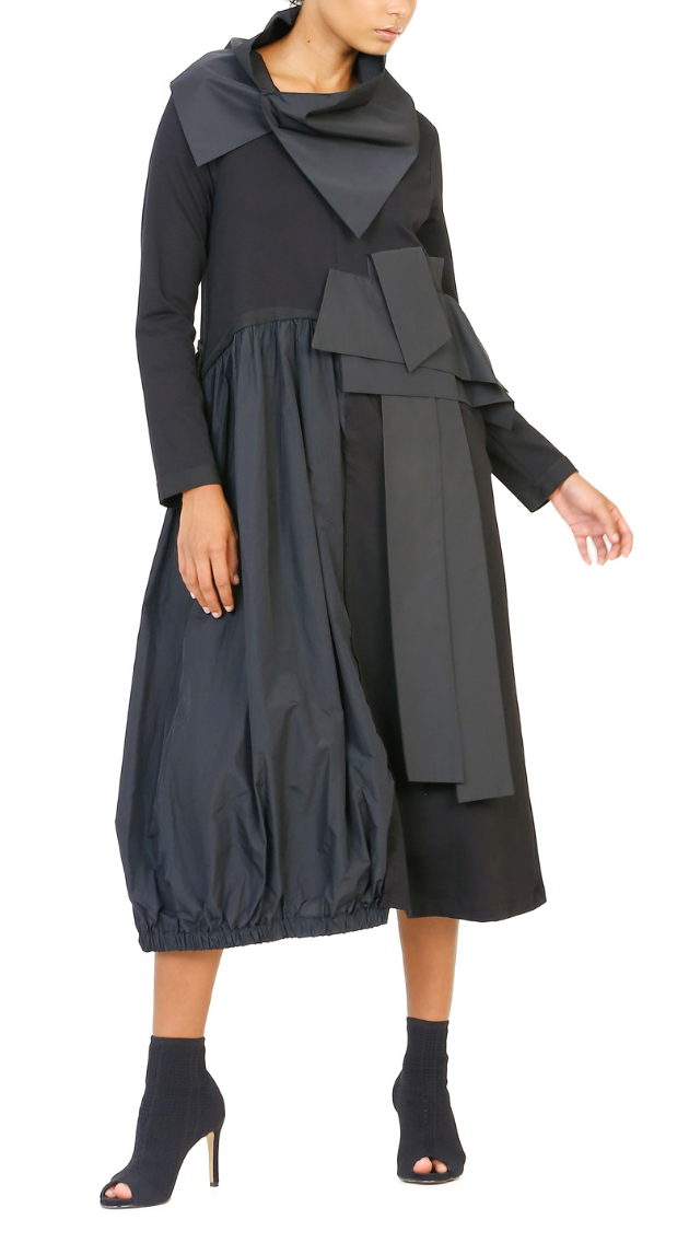 Taffeta Collar Dress - Black